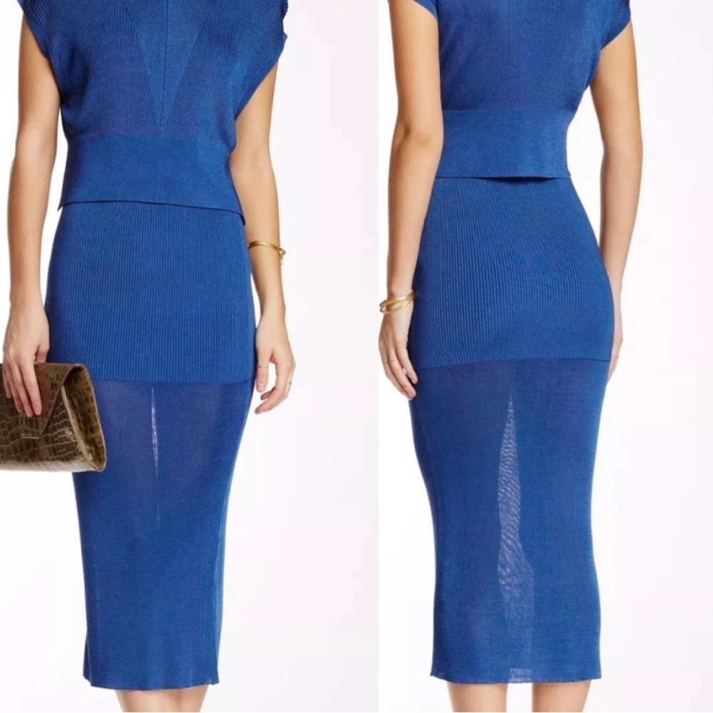 Ronny Kobo Collection blue sheer panel ribbed knit midi pencil skirt Sz S NWOT
